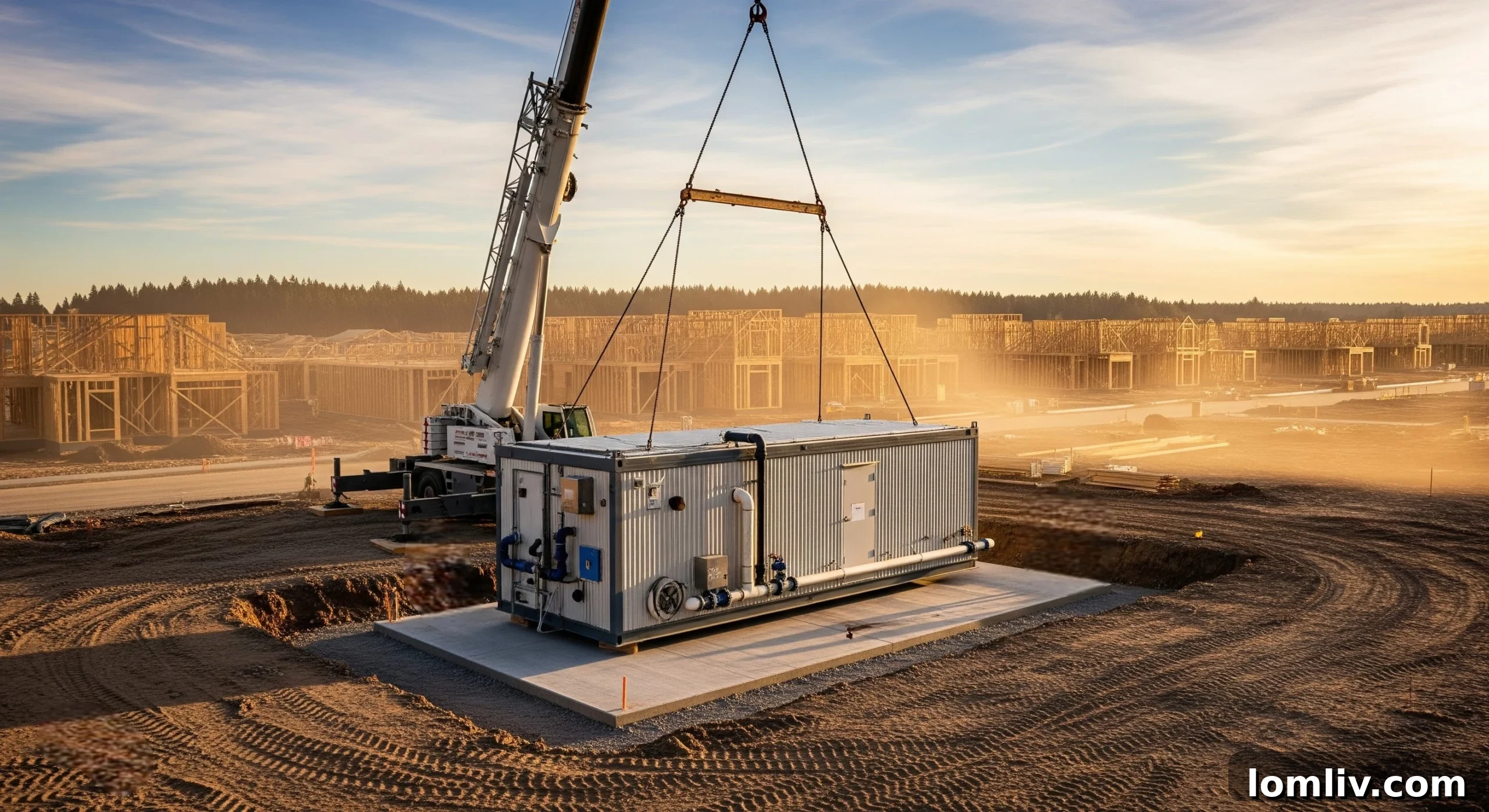 A compact, pre-fabricated modular wastewater treatment unit on a development site, ready for installation.