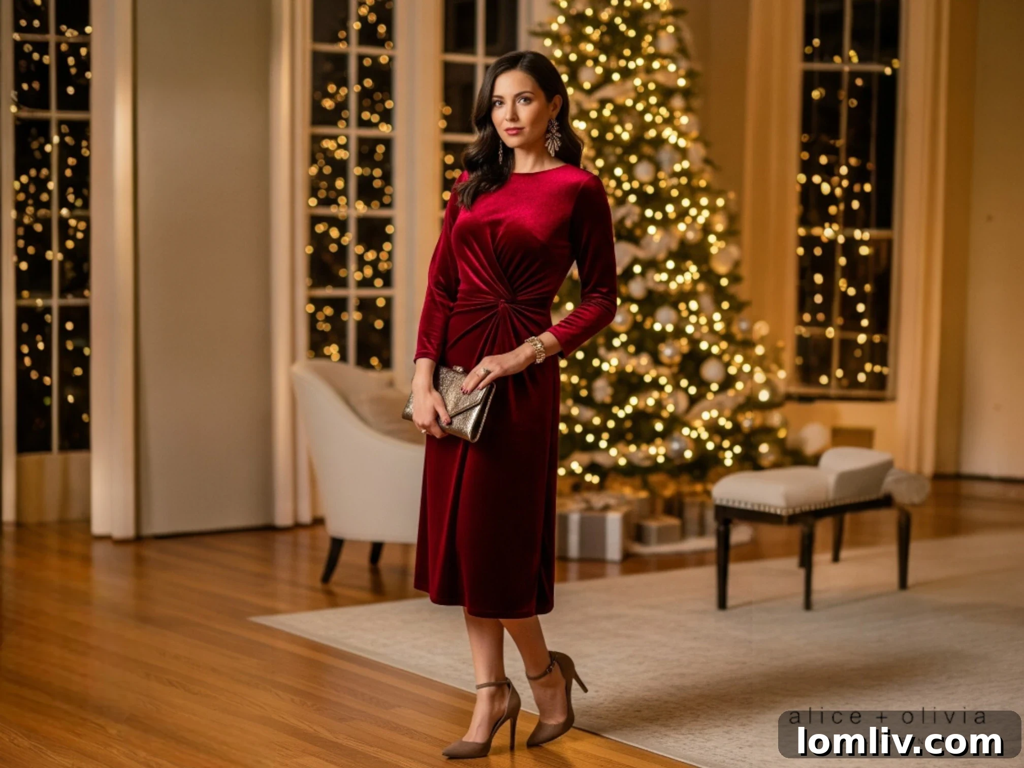 Sparkle and Shine Your Guide to Festive Womens Fashion 2 Woman posing in a chic holiday outfit, featuring a sparkly top and dark pants, exuding festive elegance.