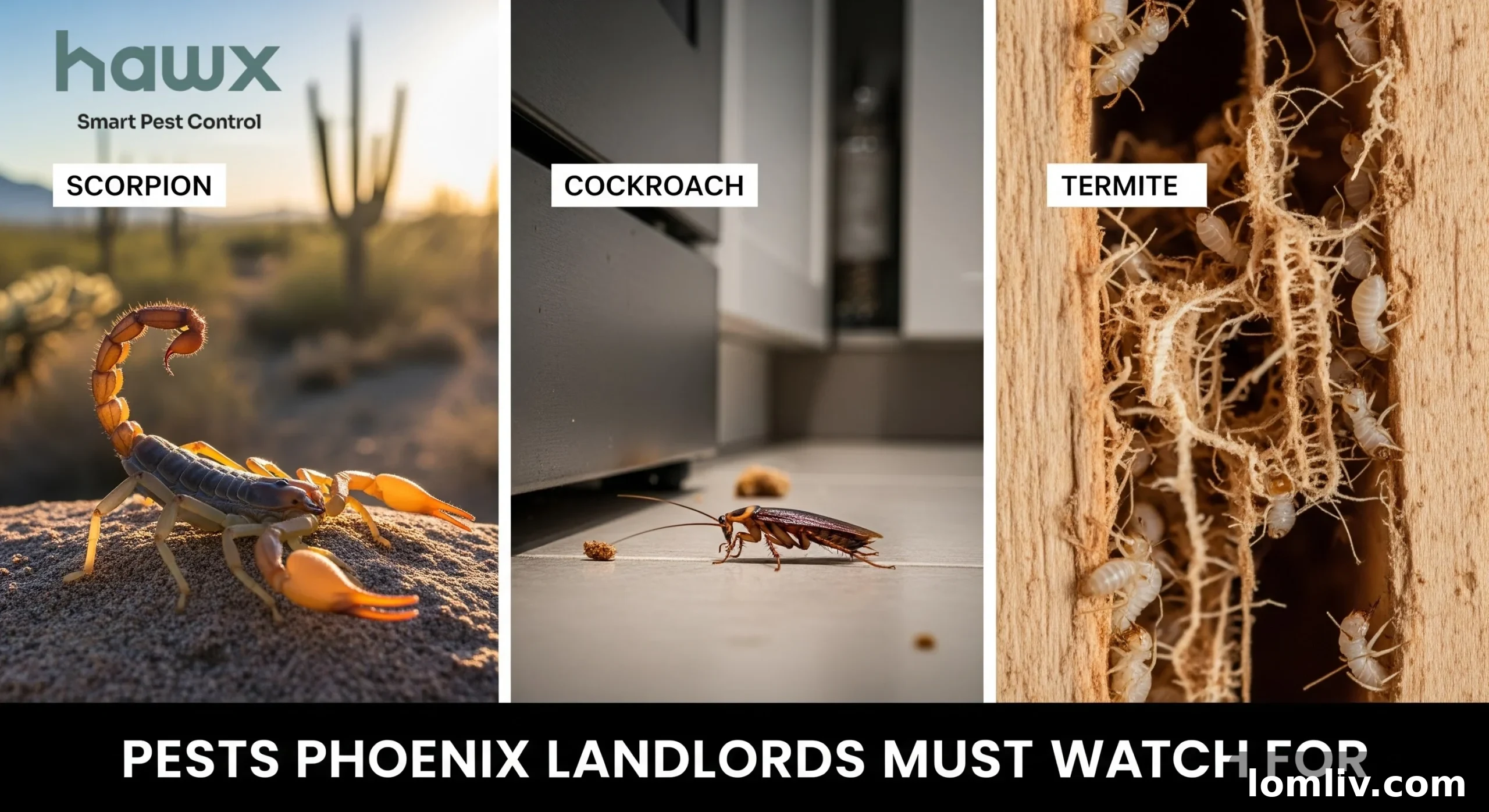 Various common pests found in Phoenix, including scorpions, cockroaches, and ants.