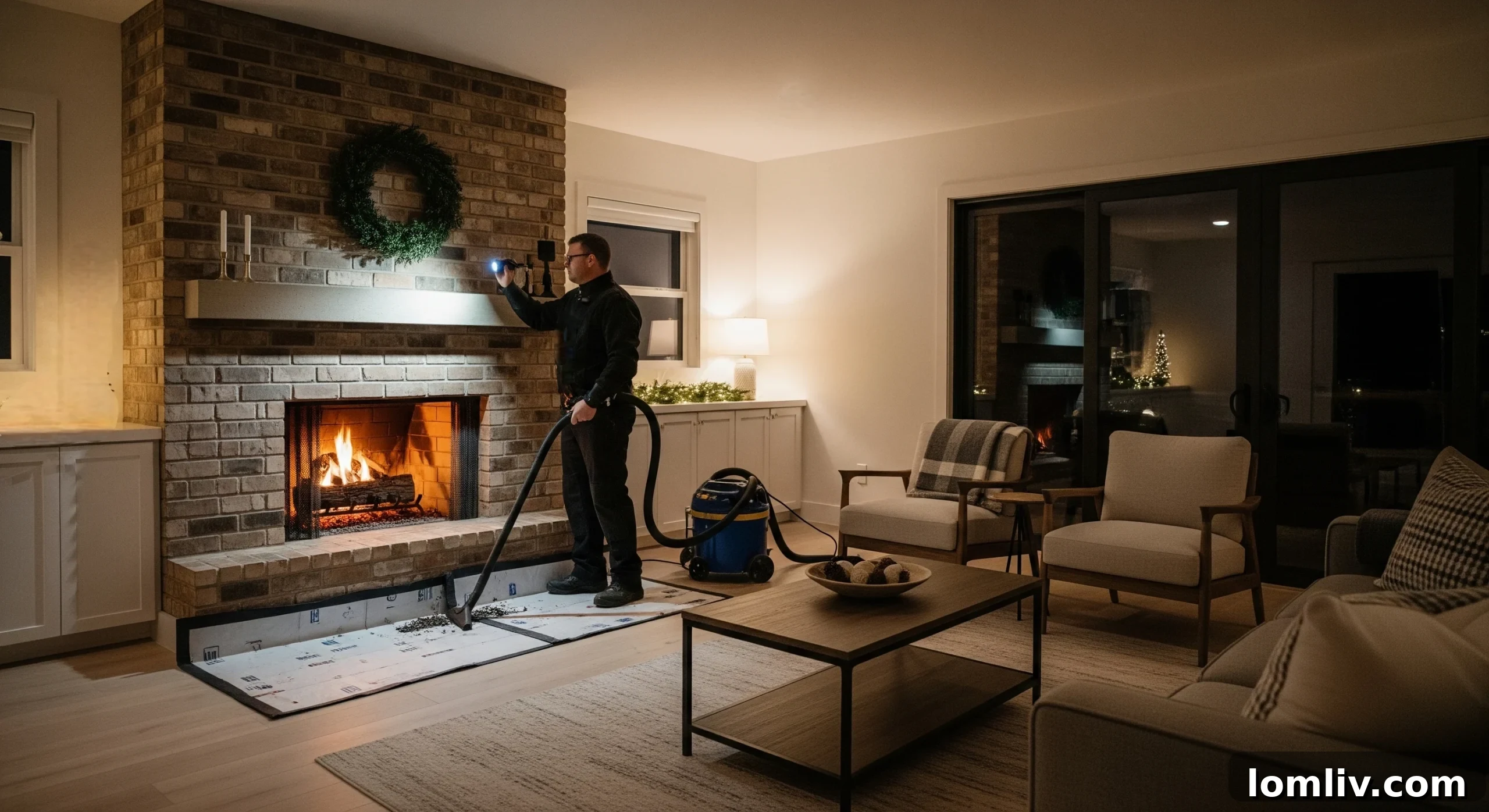 A certified chimney sweep wearing protective gear, preparing to clean a chimney.