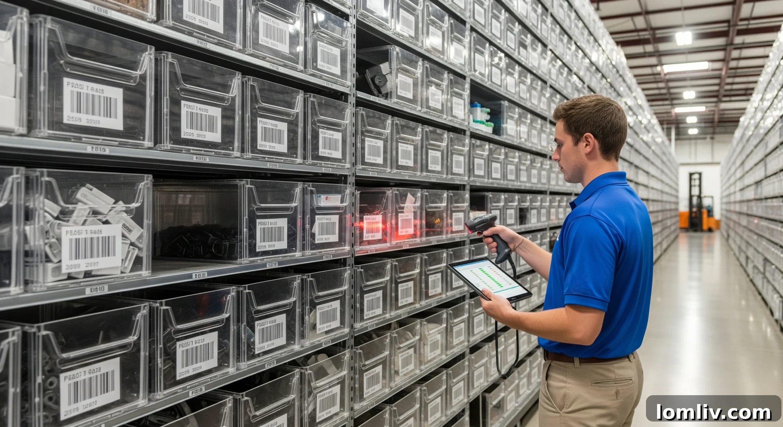 Organized small parts bins on a shelf, demonstrating improved inventory accuracy and visibility.