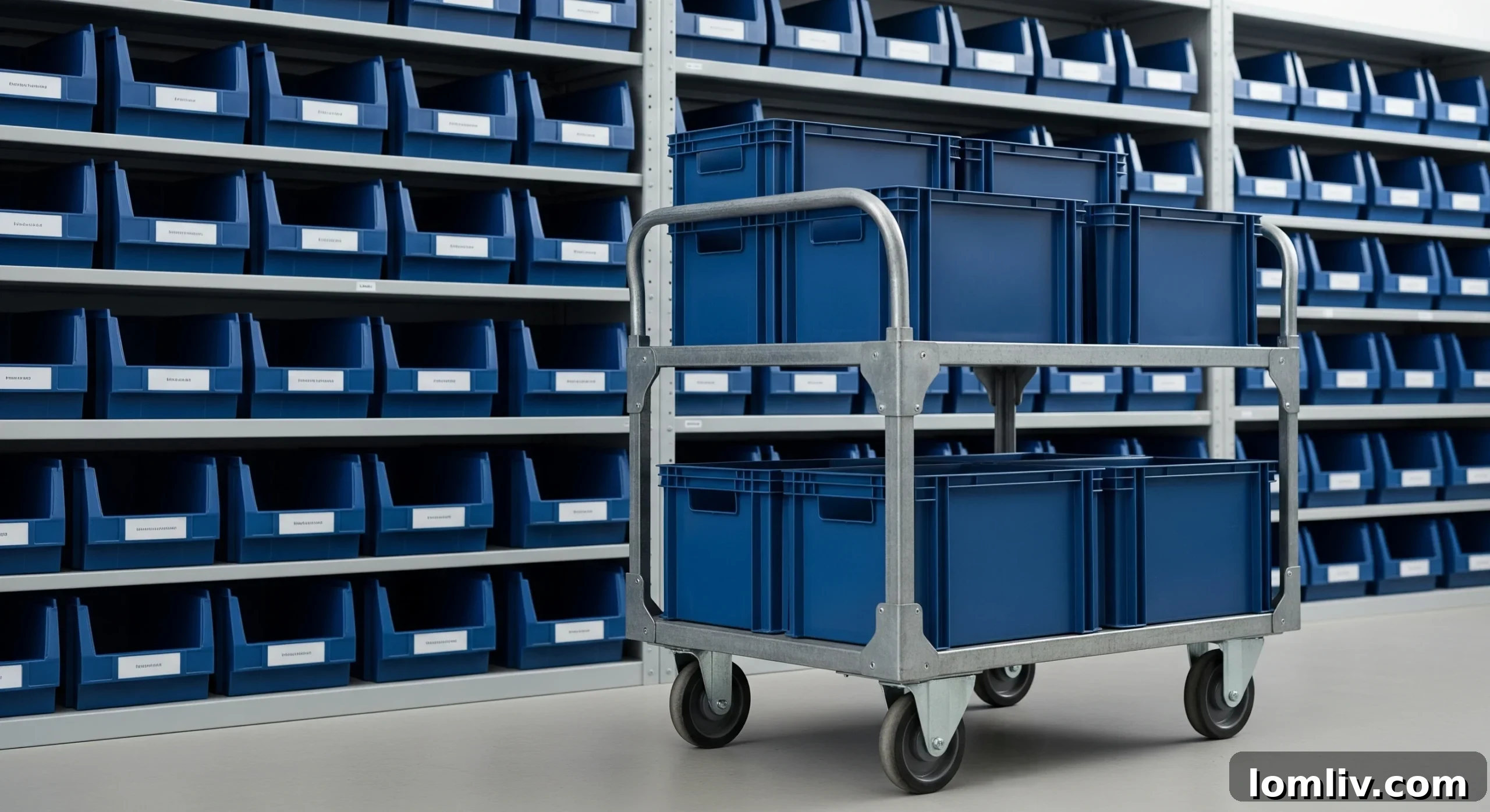 Industrial shelving equipped with organized bins, illustrating efficient space utilization and accessibility.