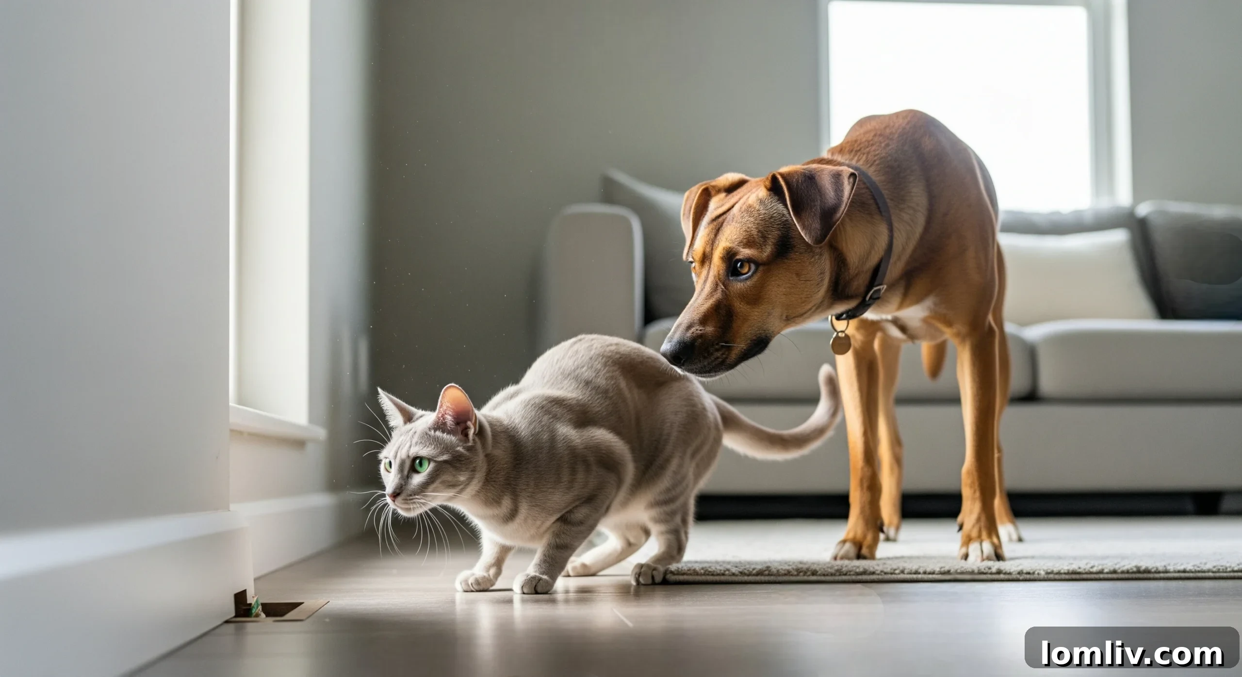 Pet dog attentively watching a wall, possibly indicating hidden rodent activity