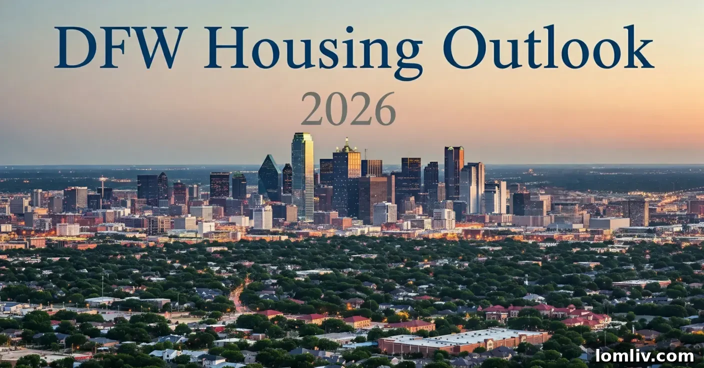 Dallas Fort Worth skyline with suburban rooftops and housing market data overlay for a 2026 DFW housing outlook