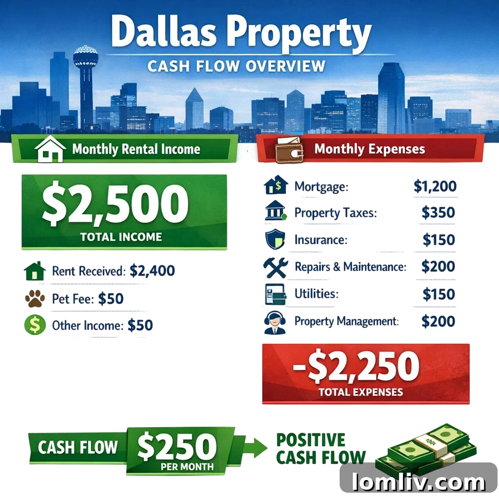 Property management software dashboard displaying positive cash flow with incoming and outgoing money represented by graphs and numbers.
