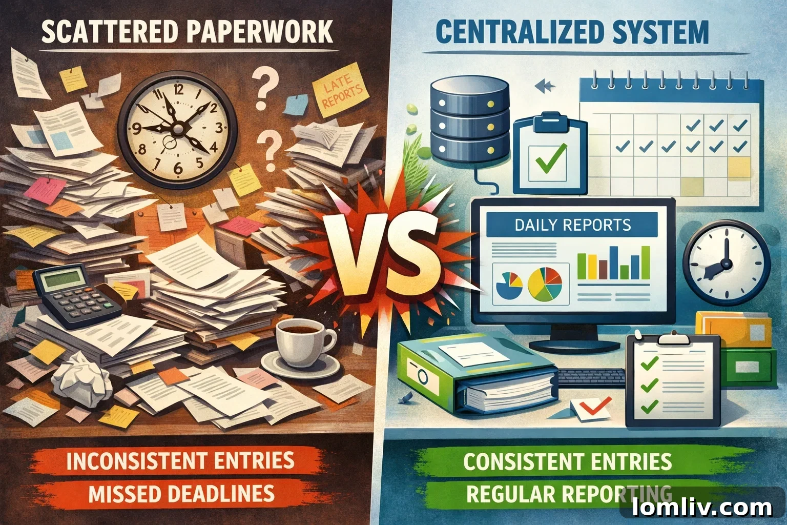 A property manager looking frustrated at a pile of scattered receipts and unorganized paperwork, highlighting common cash flow mistakes.