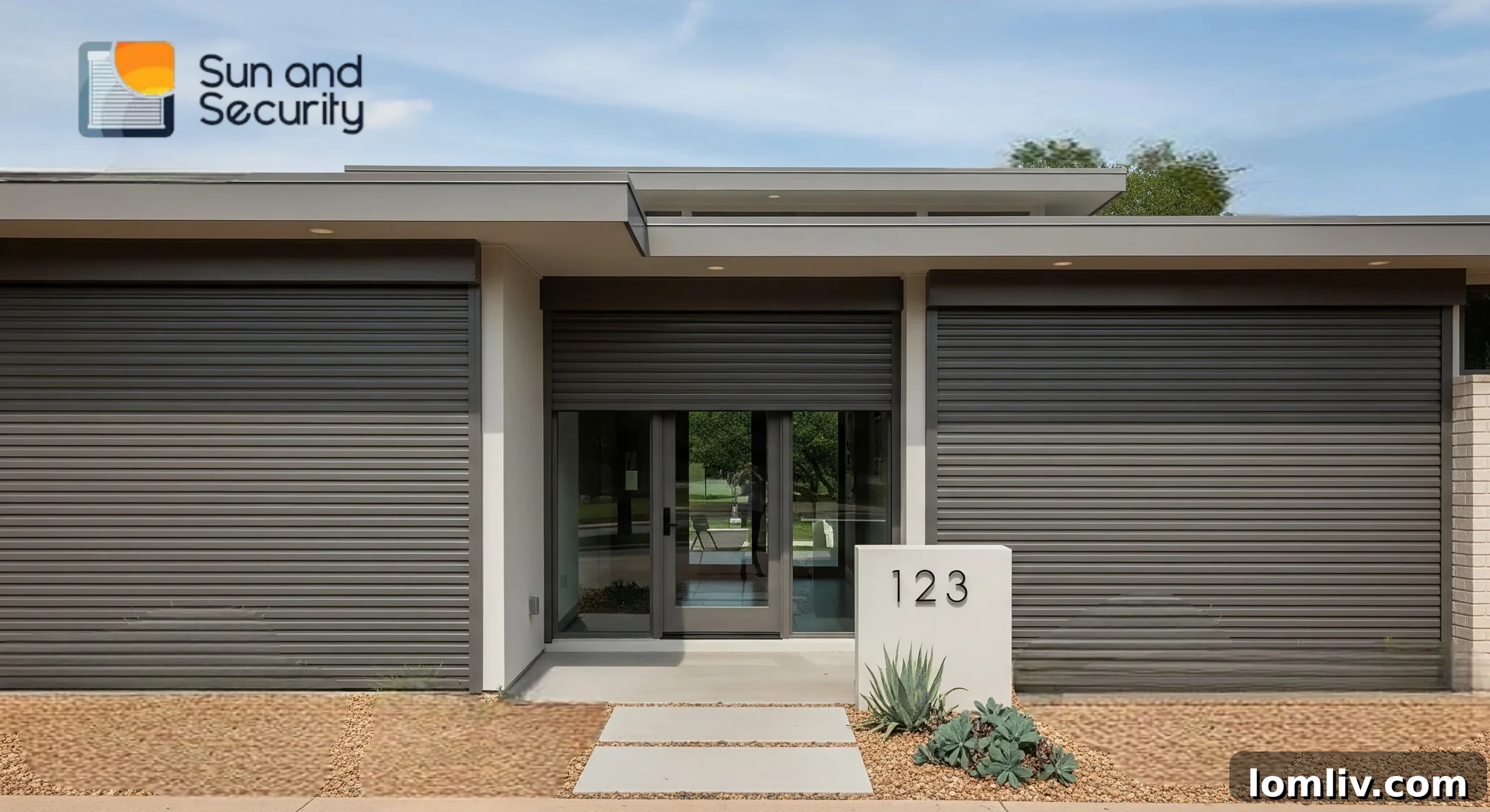 A modern home facade with sleek rolling shutters partially closed on windows, demonstrating superior energy efficiency.