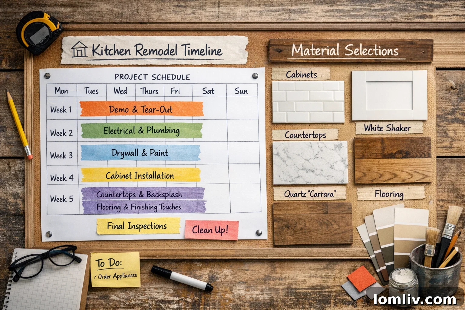 A contractor reviews plans in a modern kitchen under renovation, highlighting typical timelines and costs.