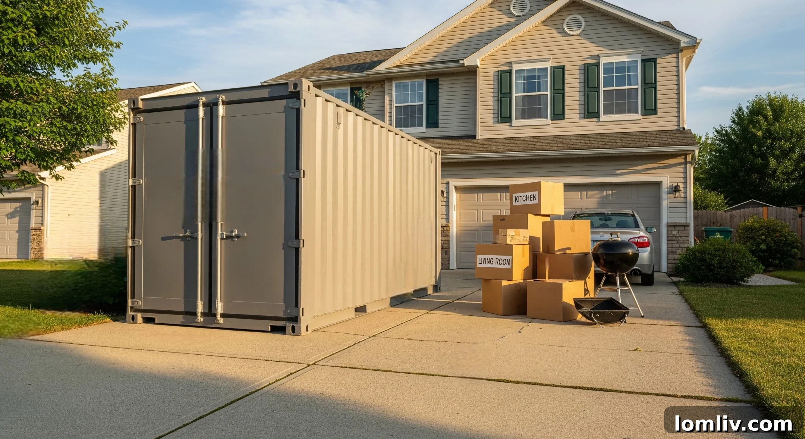 A portable storage container parked in a driveway, ready for home decluttering.
