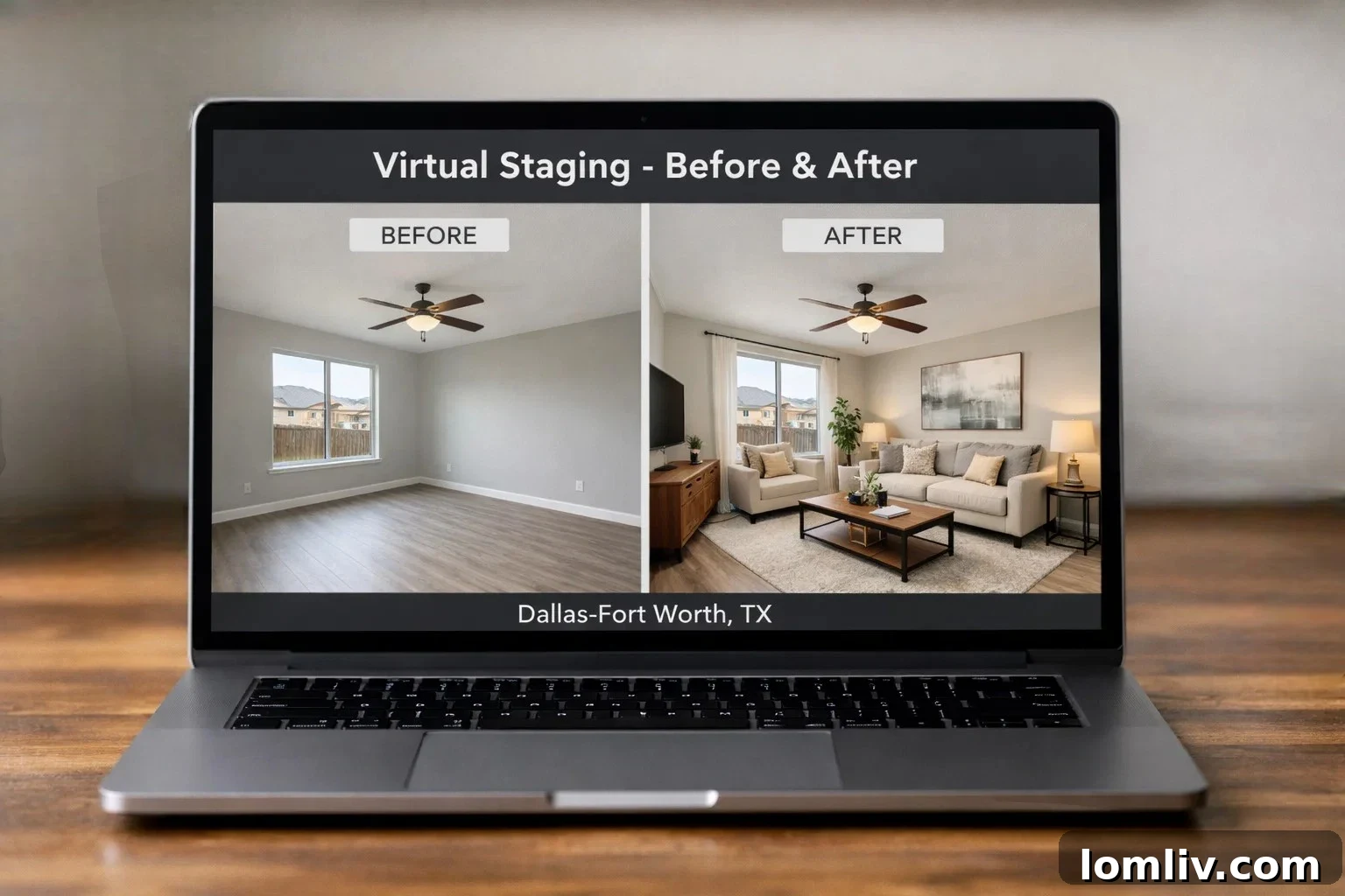 Digitally staged modern living room with virtual furniture and decor elements, showcasing AI capabilities.