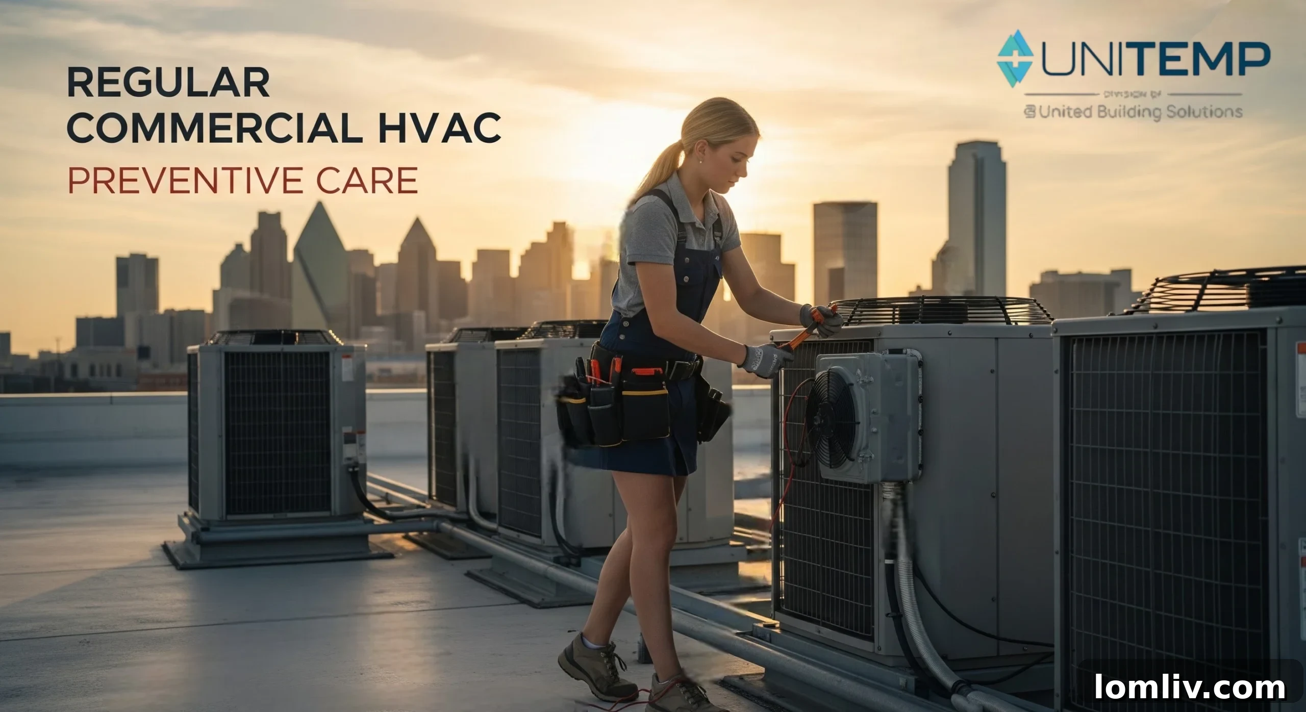 Commercial HVAC technician performing routine maintenance on a rooftop unit