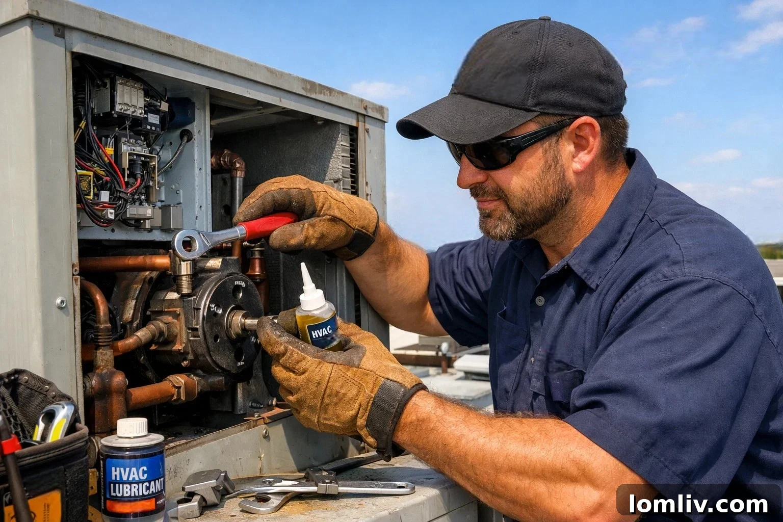 Internal components of a commercial heating and cooling system being inspected