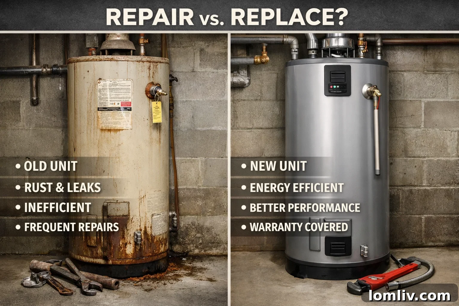 Professional technician assessing a water heater for repair or replacement options.