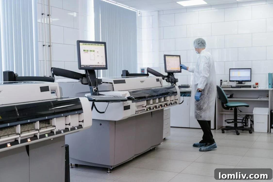 Lab technicians working in a modern, well-lit laboratory environment.