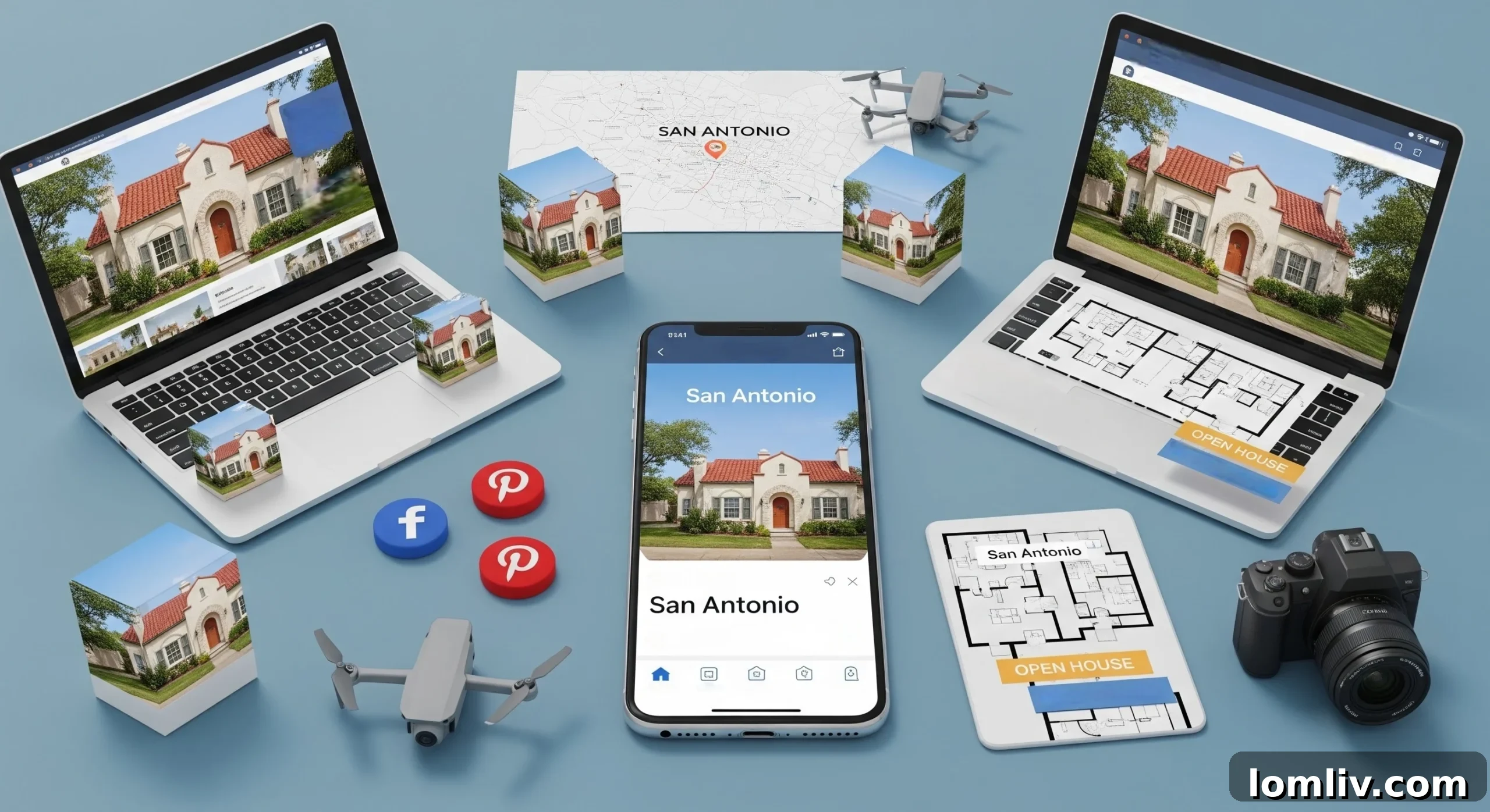A real estate agent presenting property details on a tablet to potential buyers, symbolizing modern marketing.