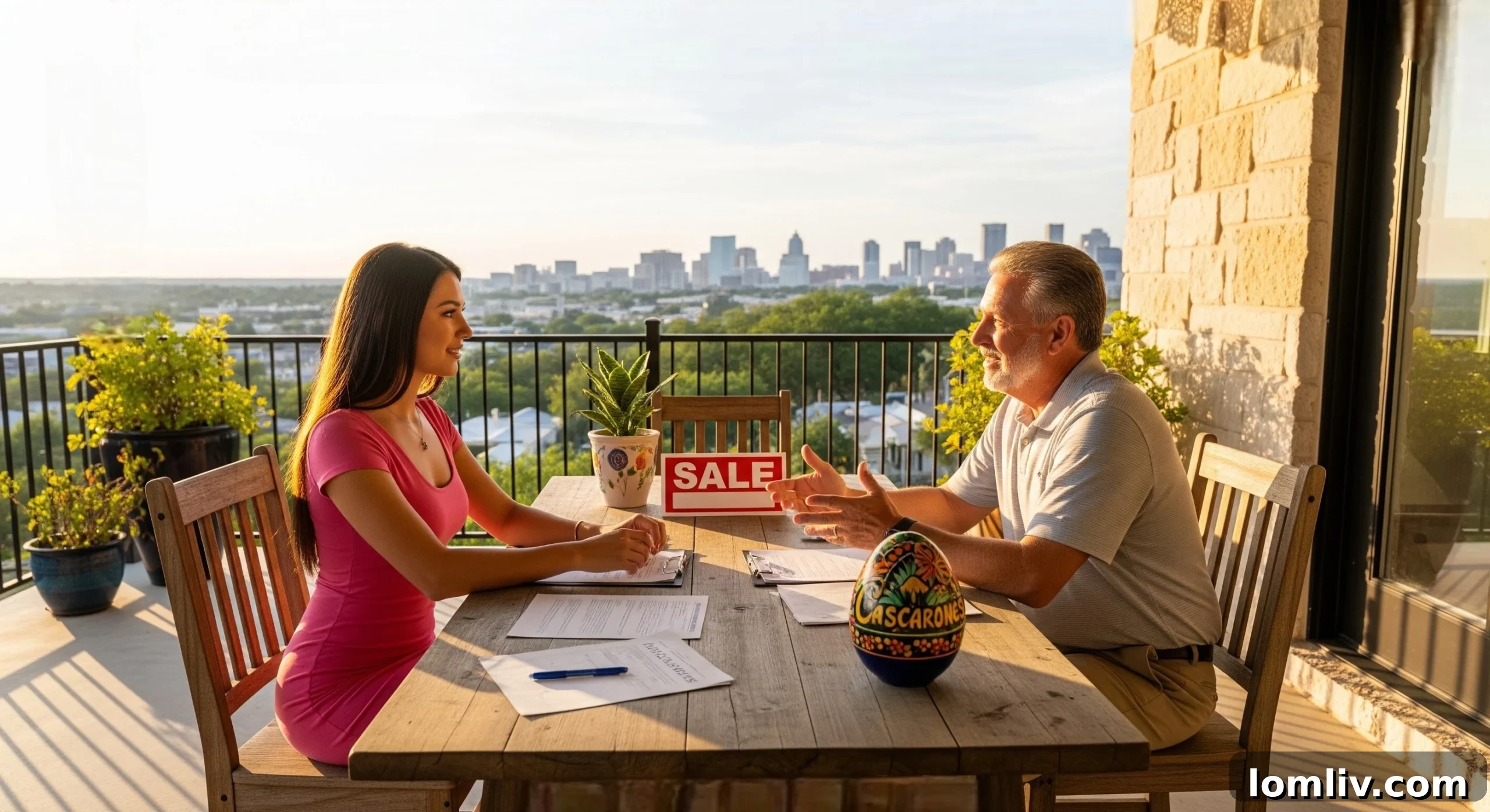 A real estate agent discussing details with clients, symbolizing professional guidance.