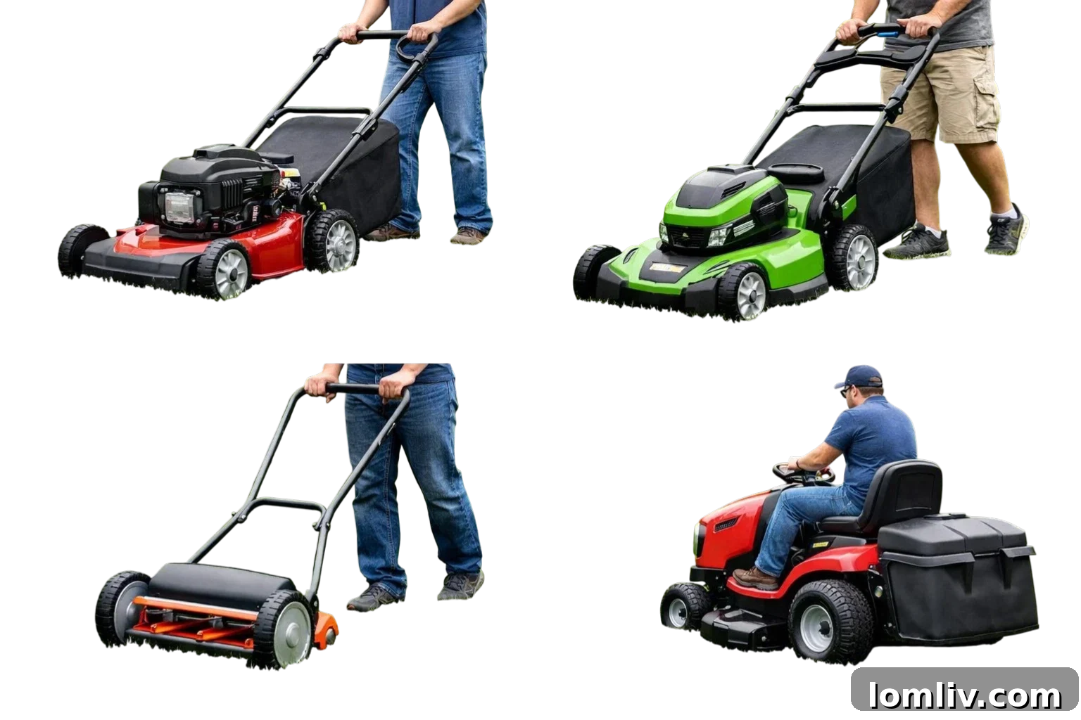 A person pushing a lawnmower across a well-maintained green lawn.
