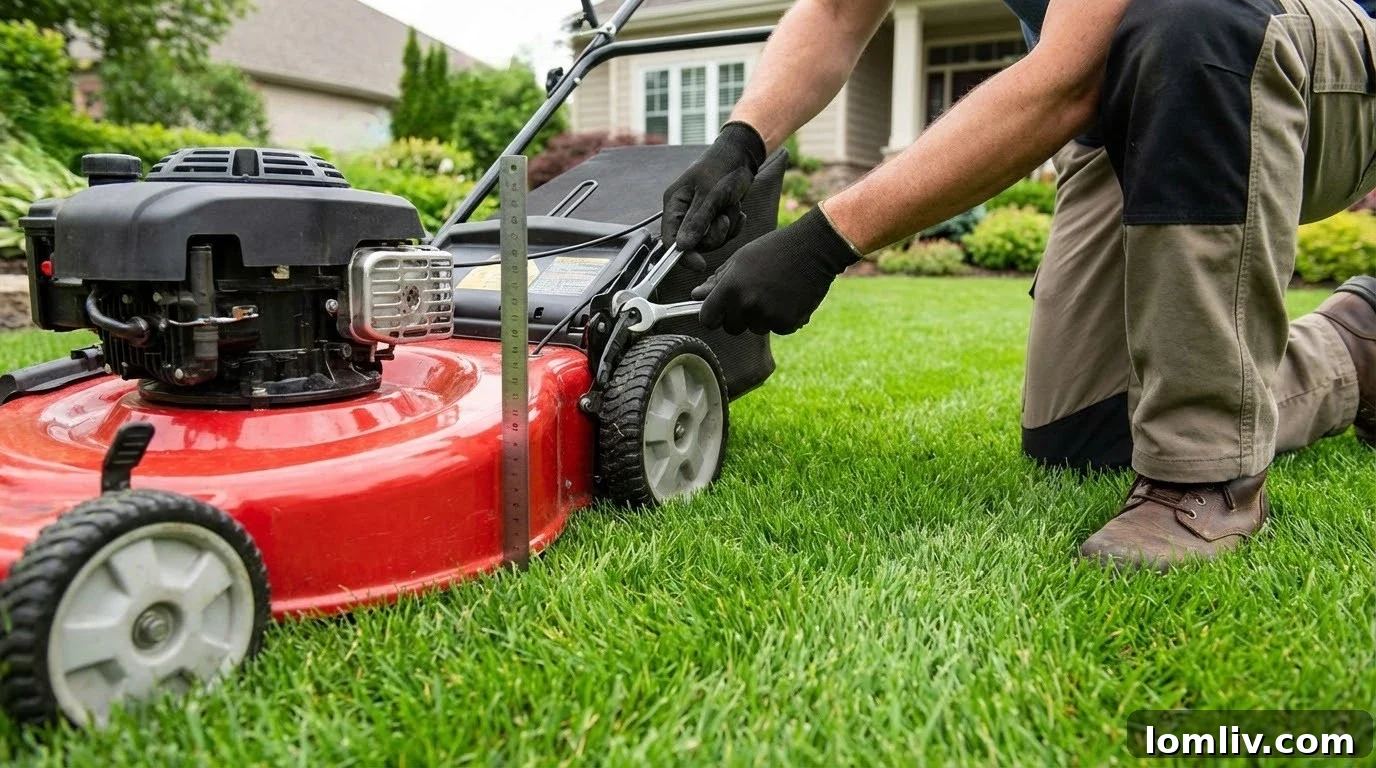 A person adjusting the cutting height on a lawnmower, with healthy green grass in the background.