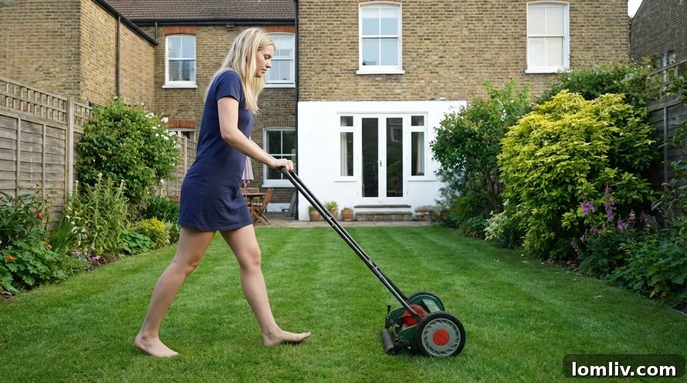 A perfectly mowed lawn with distinct stripes, showing regular and careful mowing.