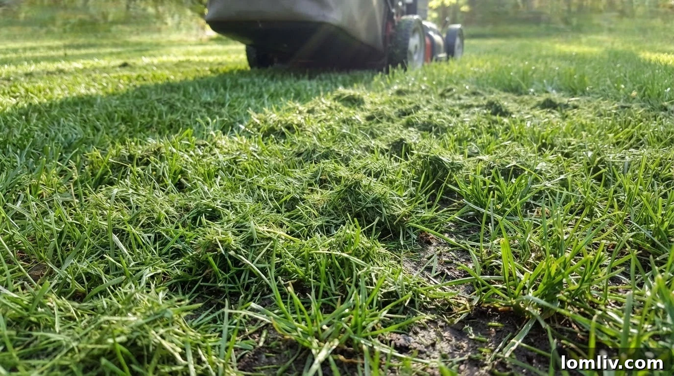 Freshly mowed lawn with finely dispersed grass clippings, illustrating mulching.