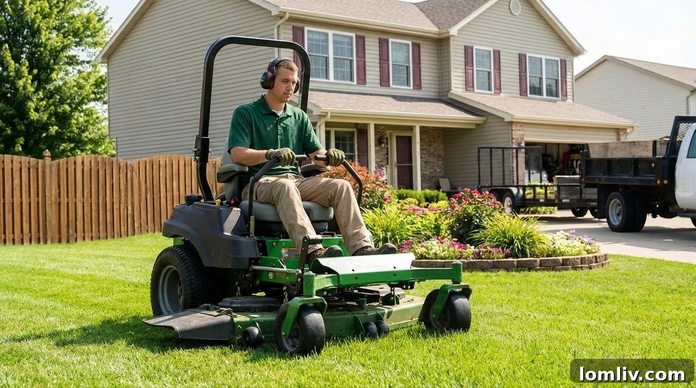 Professional lawn care service team meticulously mowing a large lawn.