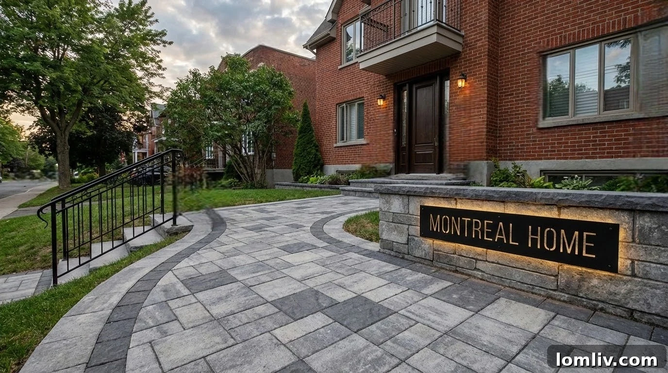 Montreal Curb Appeal: Landscaping Your Home to Sell Faster 2 A beautifully installed interlocking paver walkway leading to a modern home entrance, enhancing curb appeal.