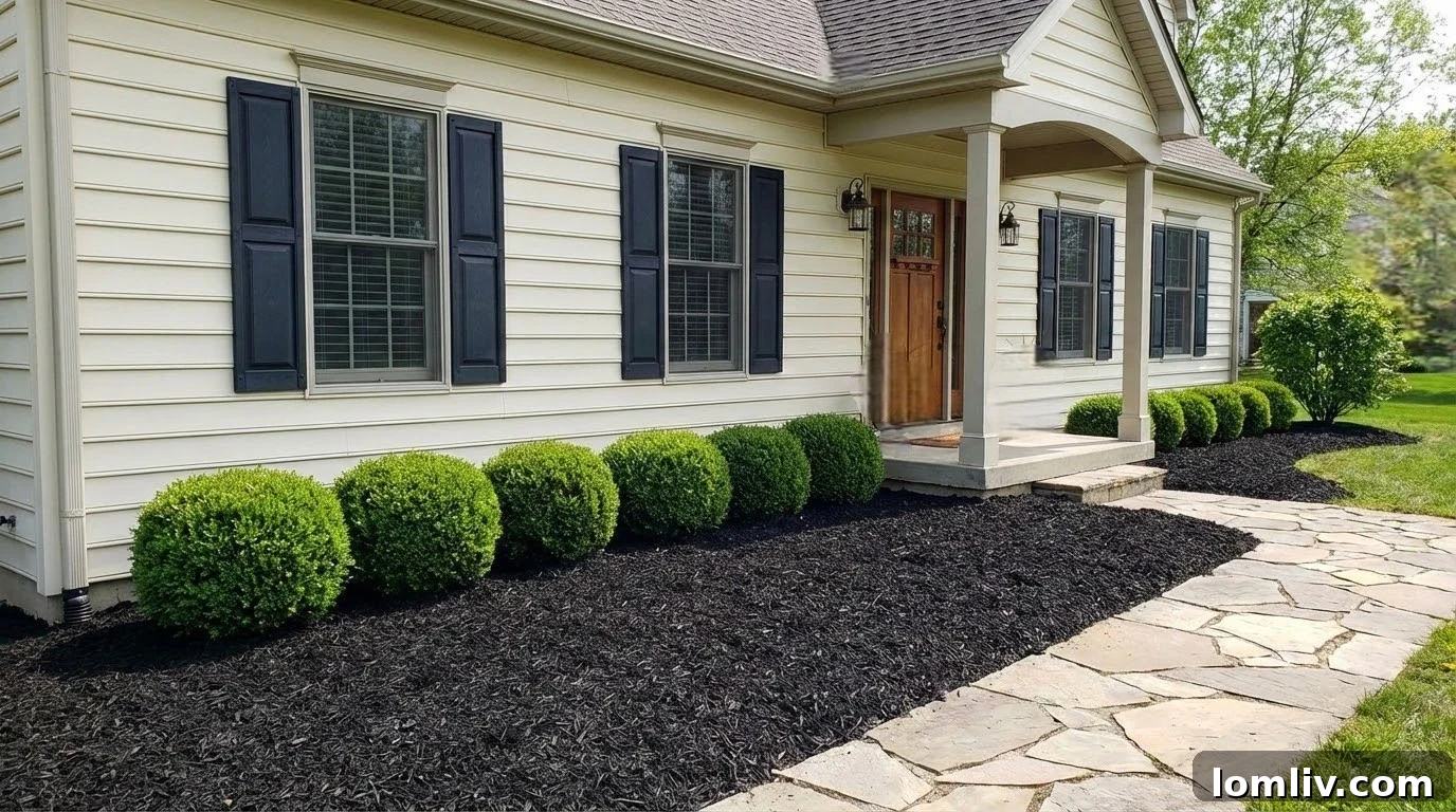 Montreal Curb Appeal: Landscaping Your Home to Sell Faster 3 Symmetrically planted low-maintenance shrubs and fresh dark mulch enhancing the foundation of a house.