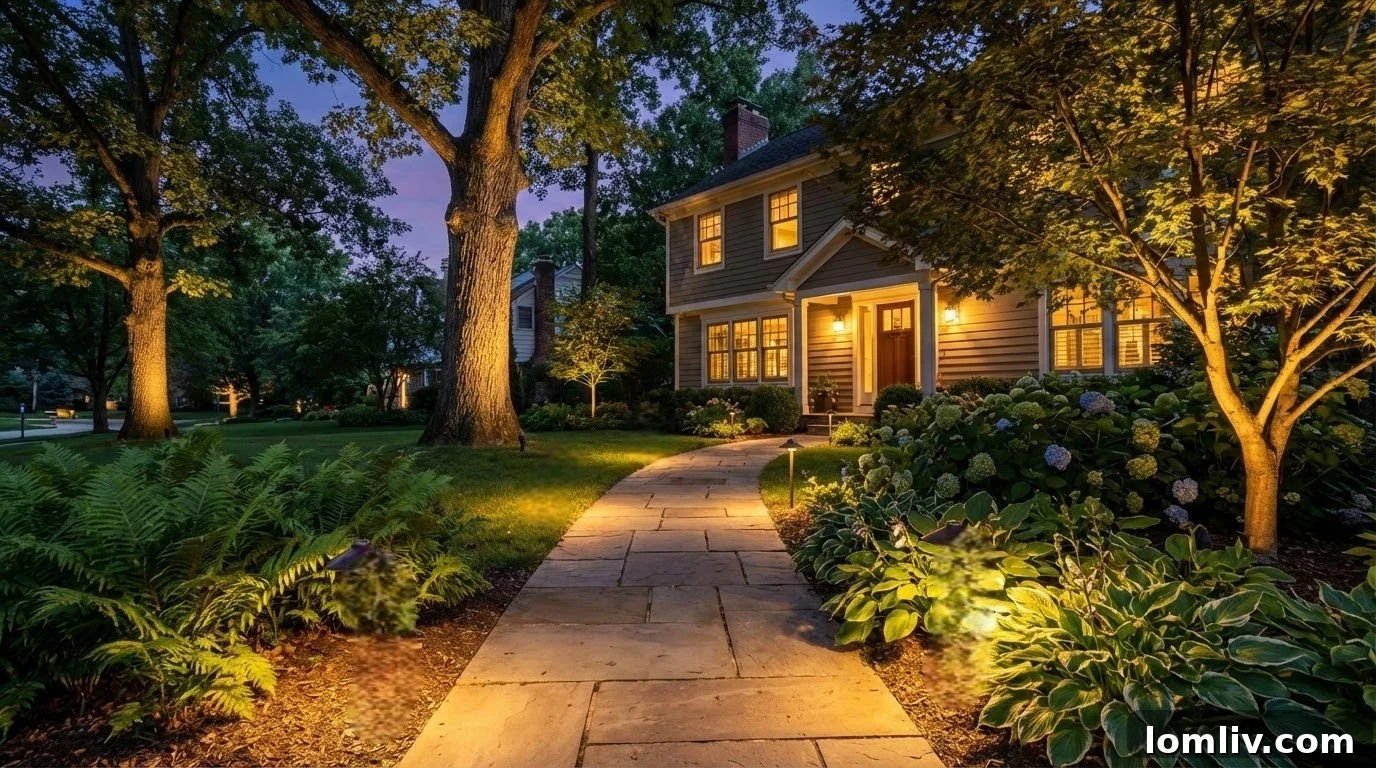 Montreal Curb Appeal: Landscaping Your Home to Sell Faster 5 Warm landscape lighting illuminating a front walkway and accenting trees, creating a welcoming evening ambiance.