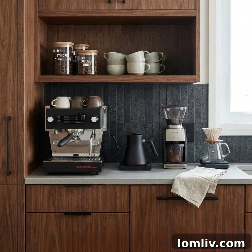Organized coffee station with mugs, coffee maker, and decorative items