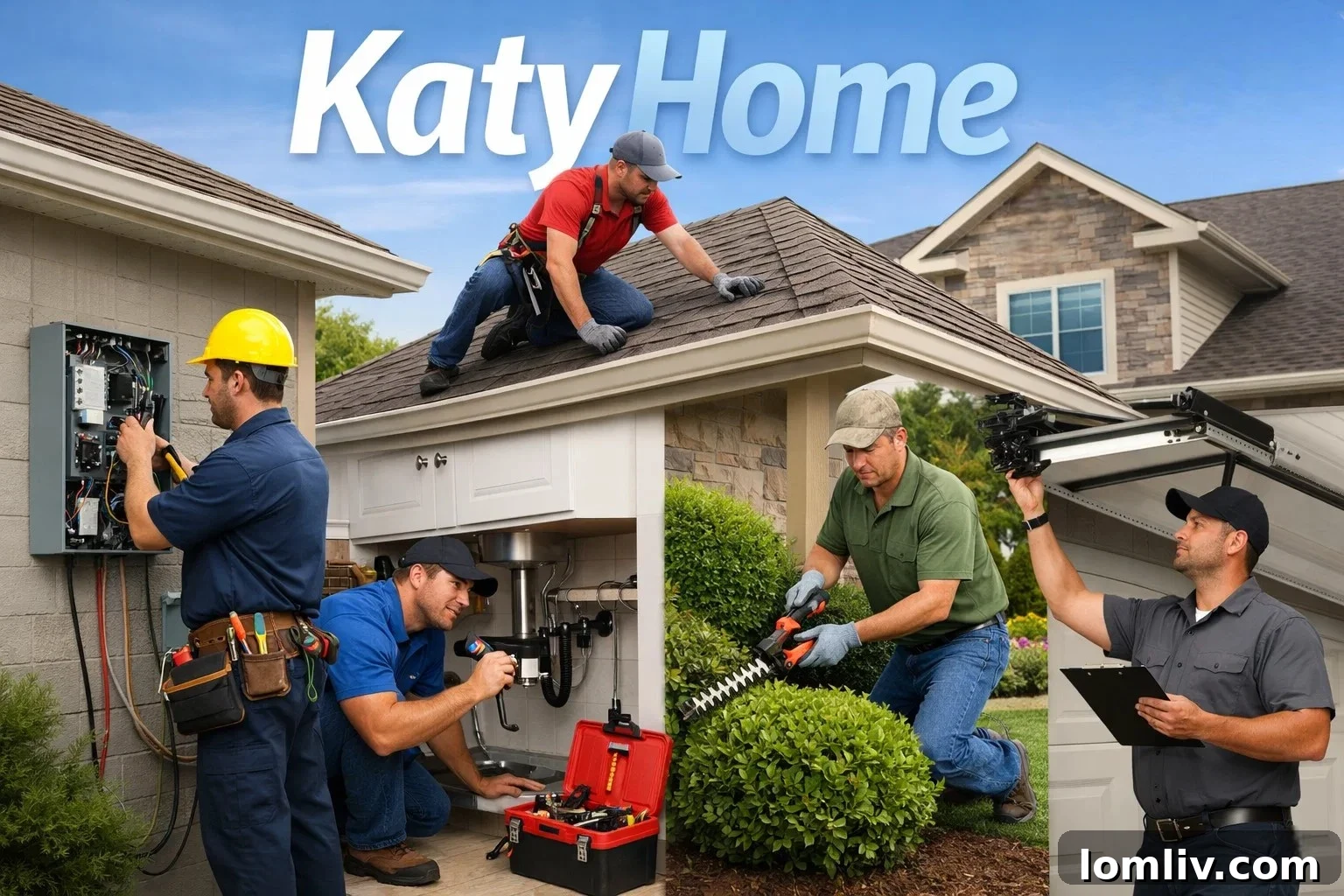 Home services in Katy, TX, including electrical, plumbing, roofing, landscaping, and garage door repair.