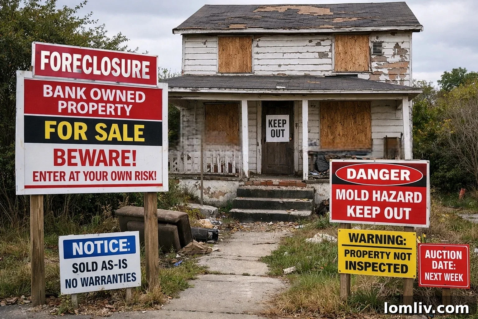 Serious young couple and their real estate agent taking photos of a house with missing siding and overgrown weeds