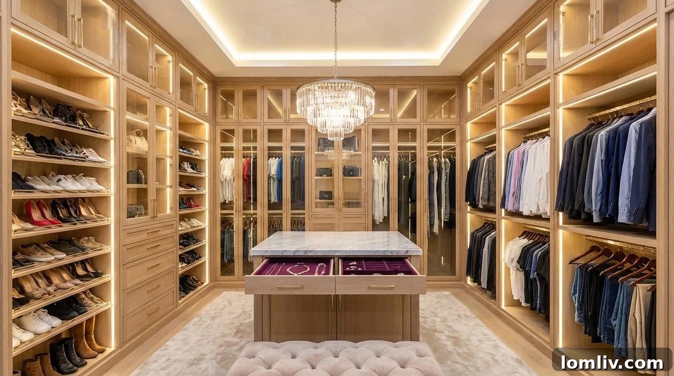 Organized walk-in closet with custom built-ins