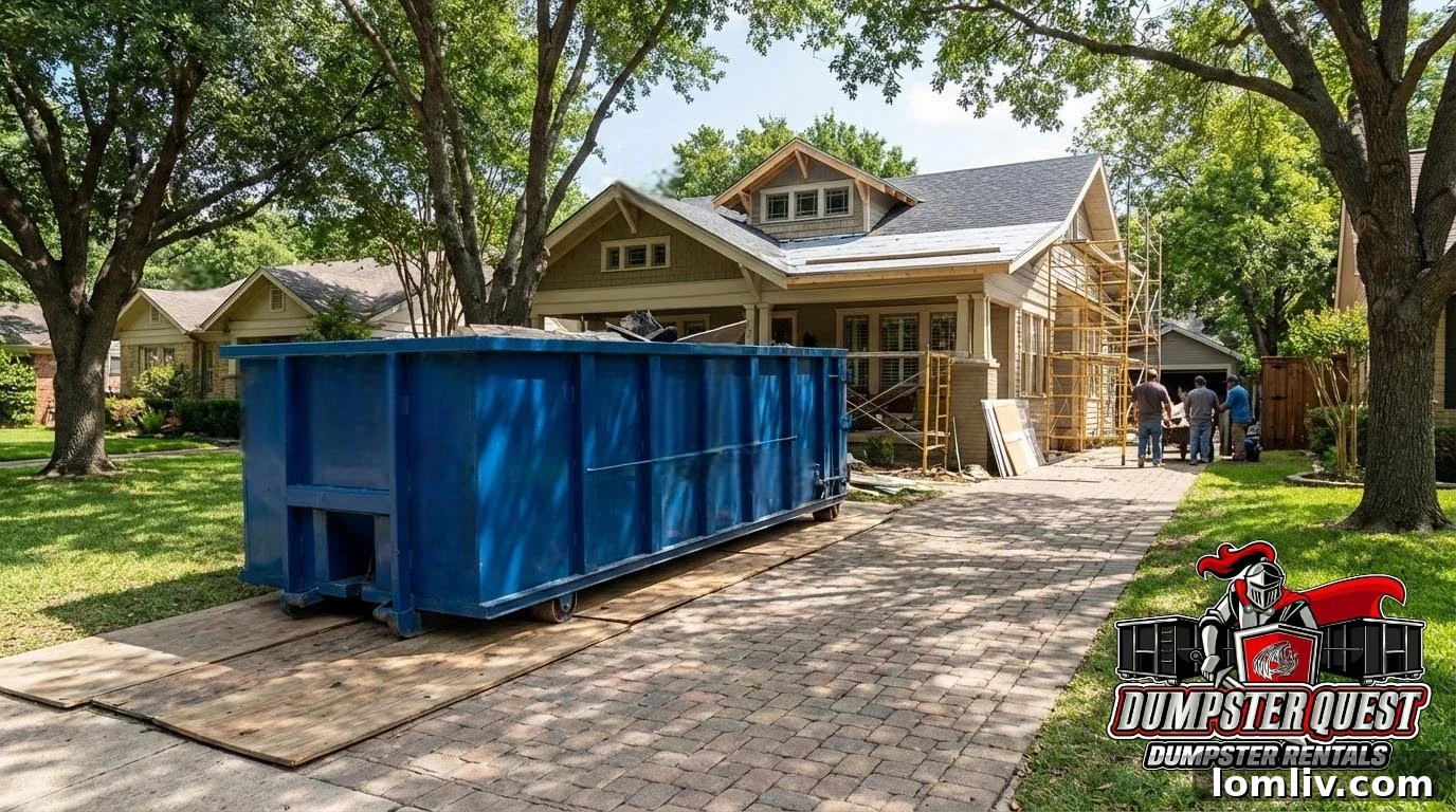 Residential dumpster placed in a suburban DFW driveway, illustrating local service convenience.
