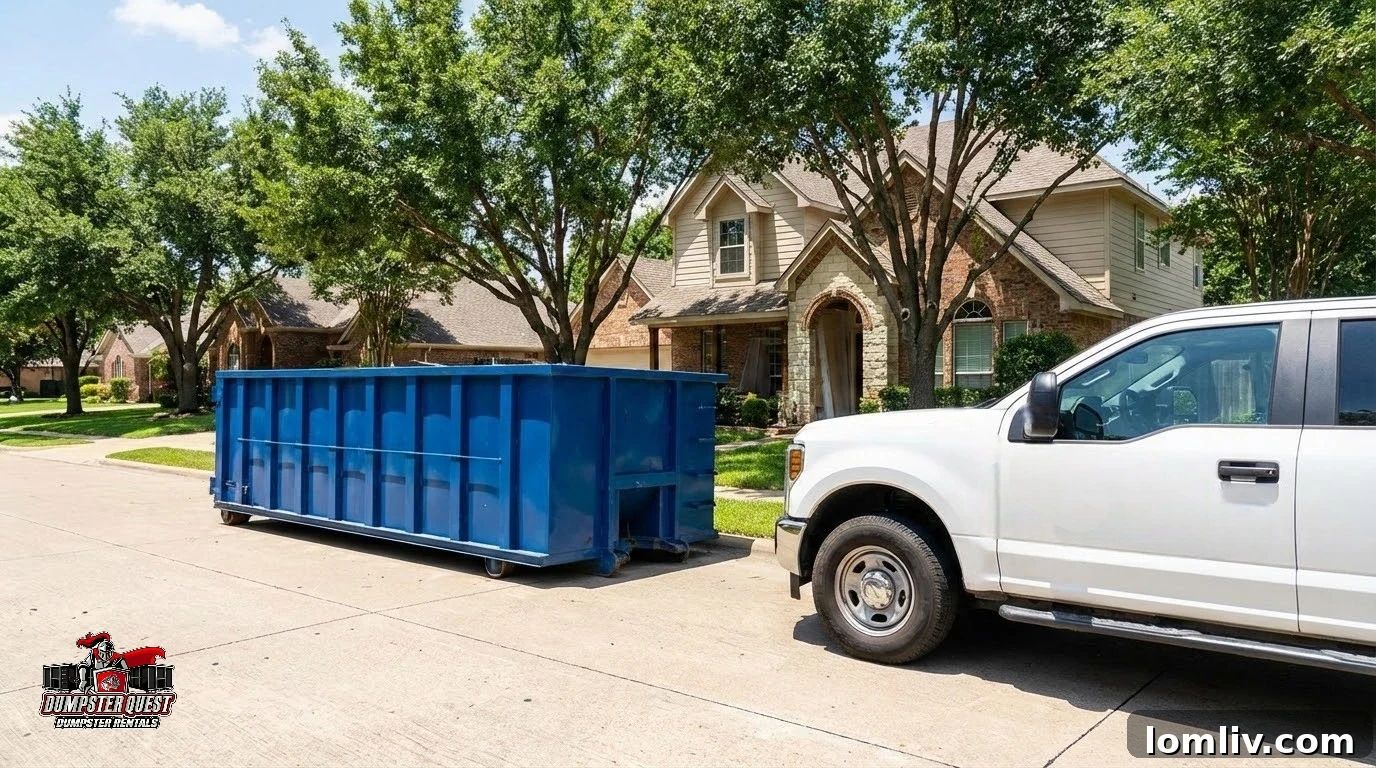 Large roll-off dumpster in front of a modern home, ready for a large cleanout project in DFW.