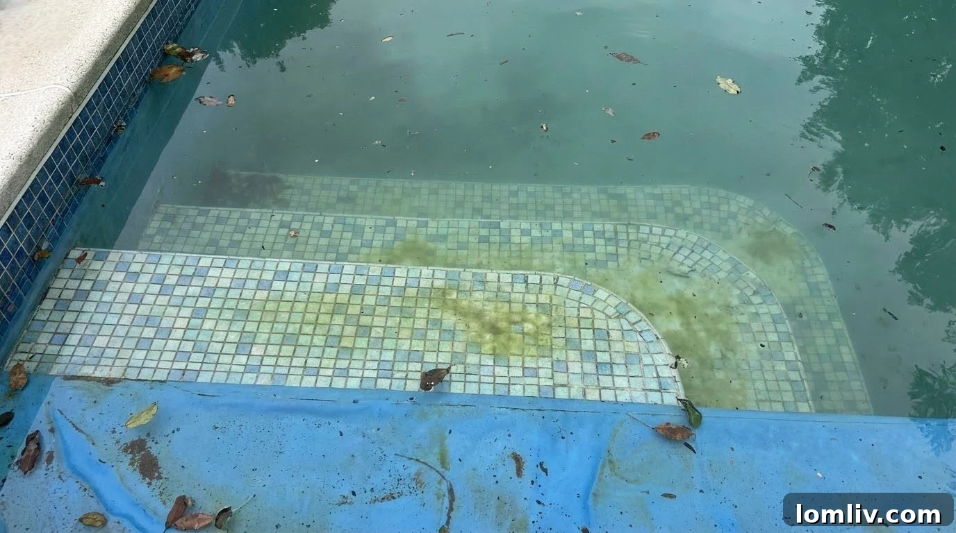 Cloudy or green swimming pool water indicating chemical imbalance or algae