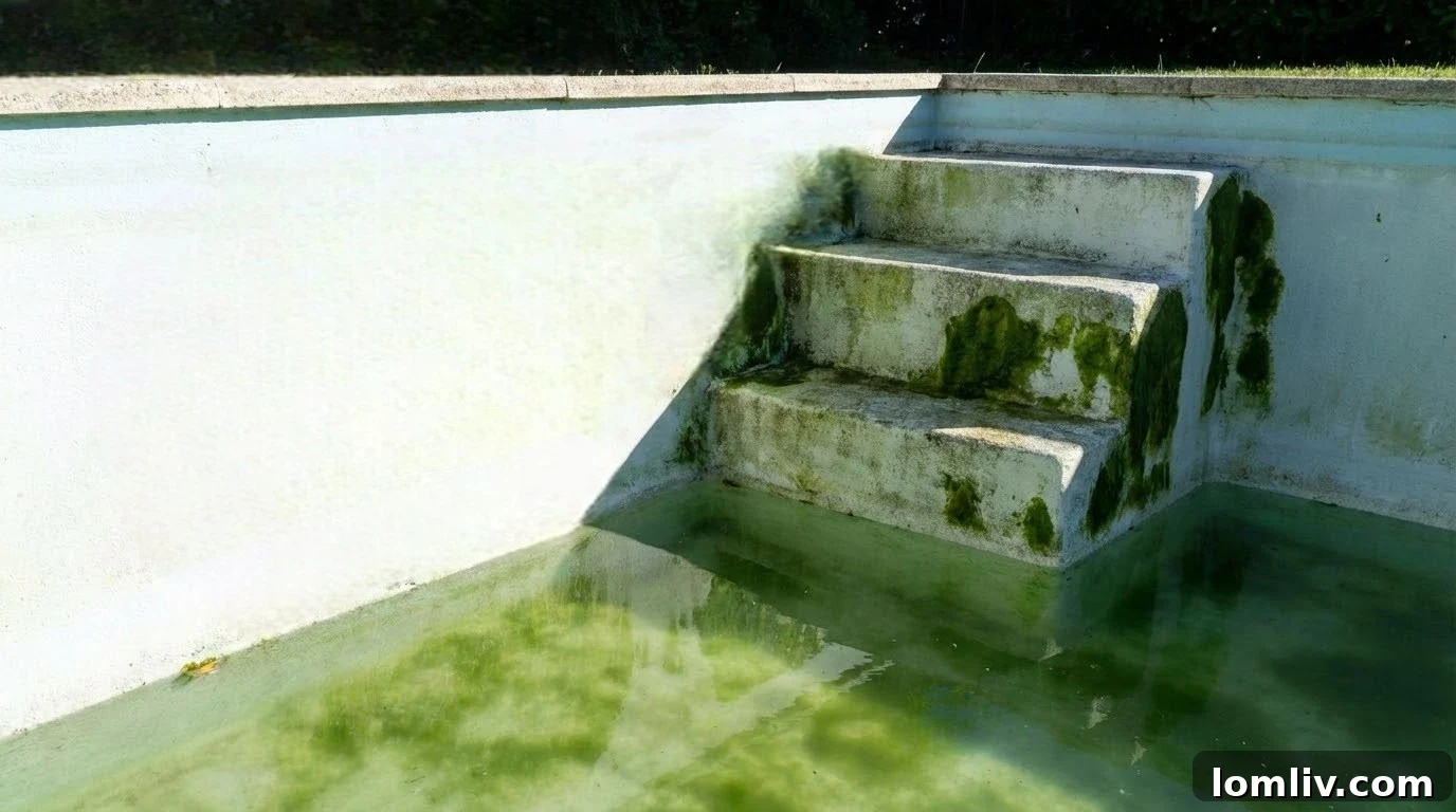 Swimming pool with visible green algae on walls and floor