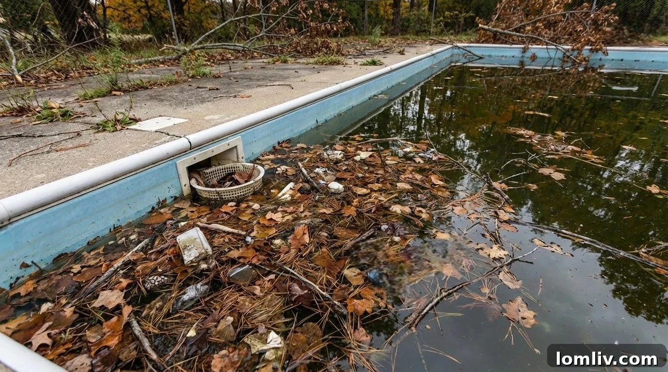 Swimming pool with constant leaves and debris buildup on surface and bottom