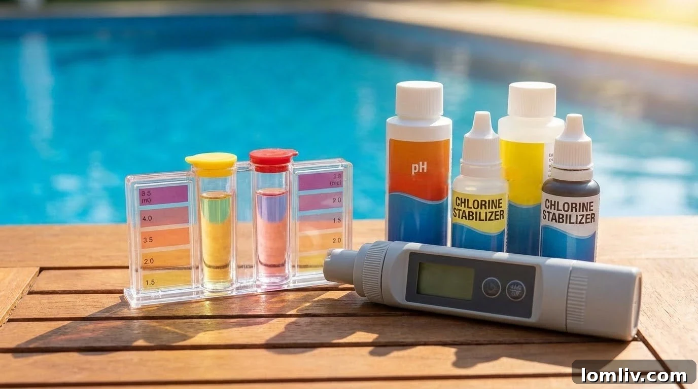 Professional pool technician testing water chemistry with a kit