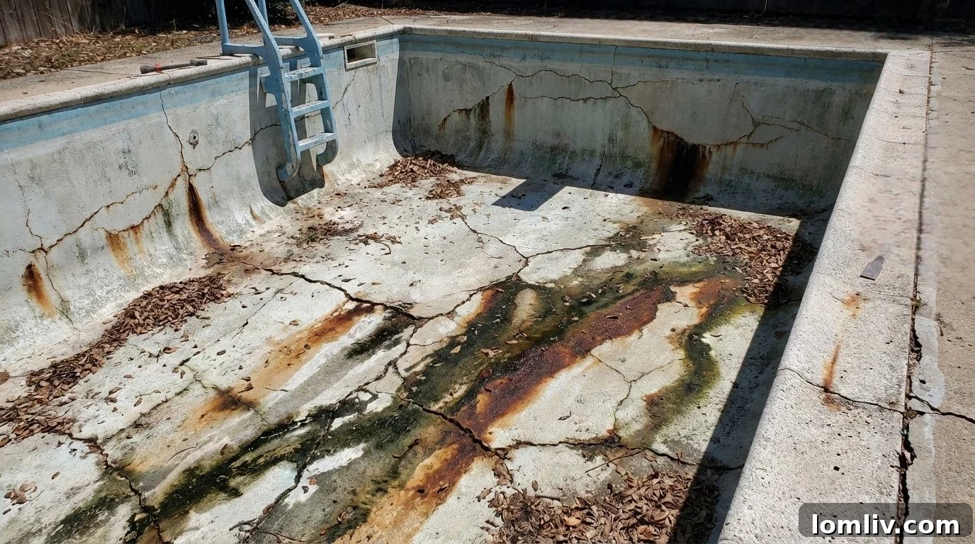 Cracks and stains on a swimming pool's surface needing repair