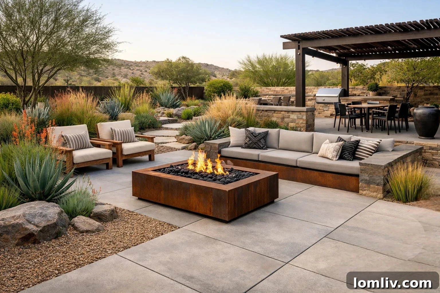 Modern Dallas backyard with drought-tolerant plants, shade sails, and durable permeable paving