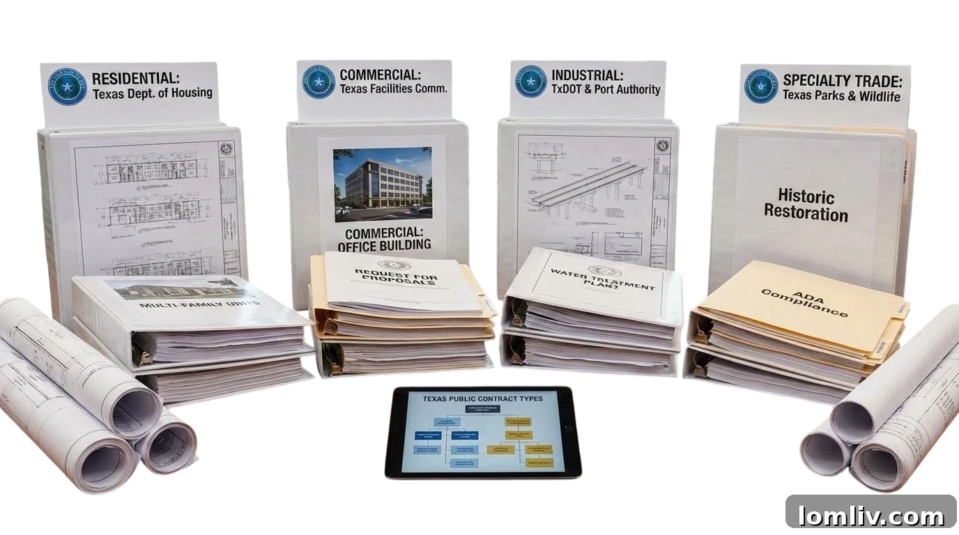 Diverse range of construction projects, from residential to industrial, showcasing various government contract types available for bidding in Texas.