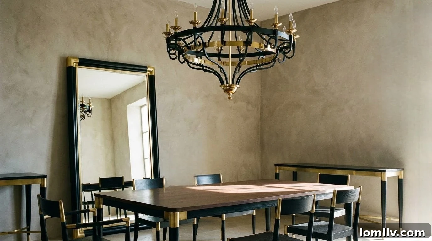 A contemporary dining room featuring a black and brass chandelier, showcasing how contrasting metal finishes create a focal point against neutral walls.