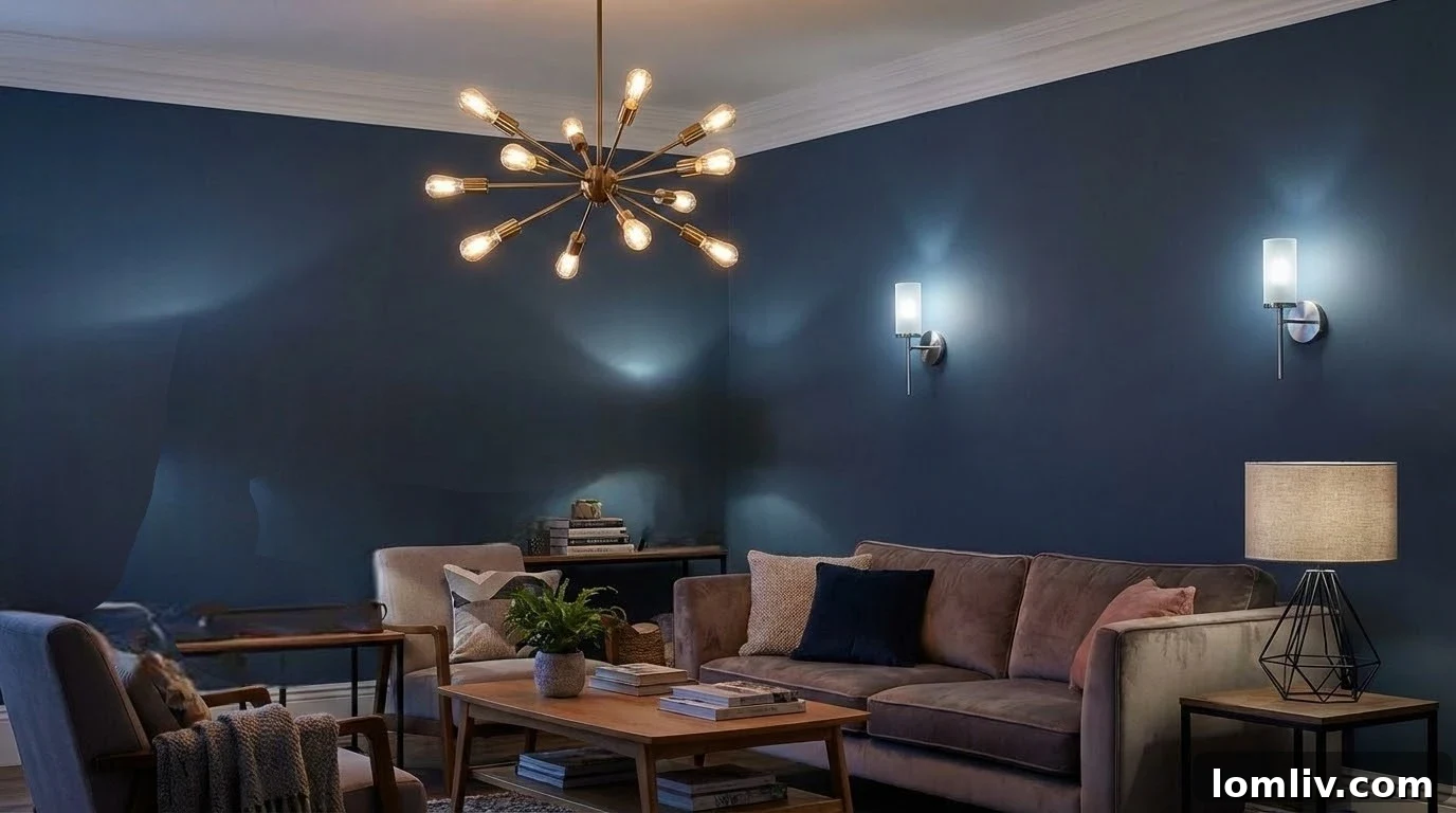 A modern living room featuring mixed metal lighting, with a warm brass chandelier balanced by cool-toned accents like silver table lamps, creating visual harmony.