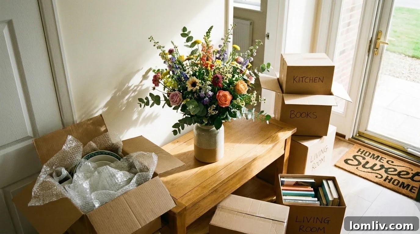 A vibrant bouquet of flowers brightening a new home's living room, bringing warmth and comfort.