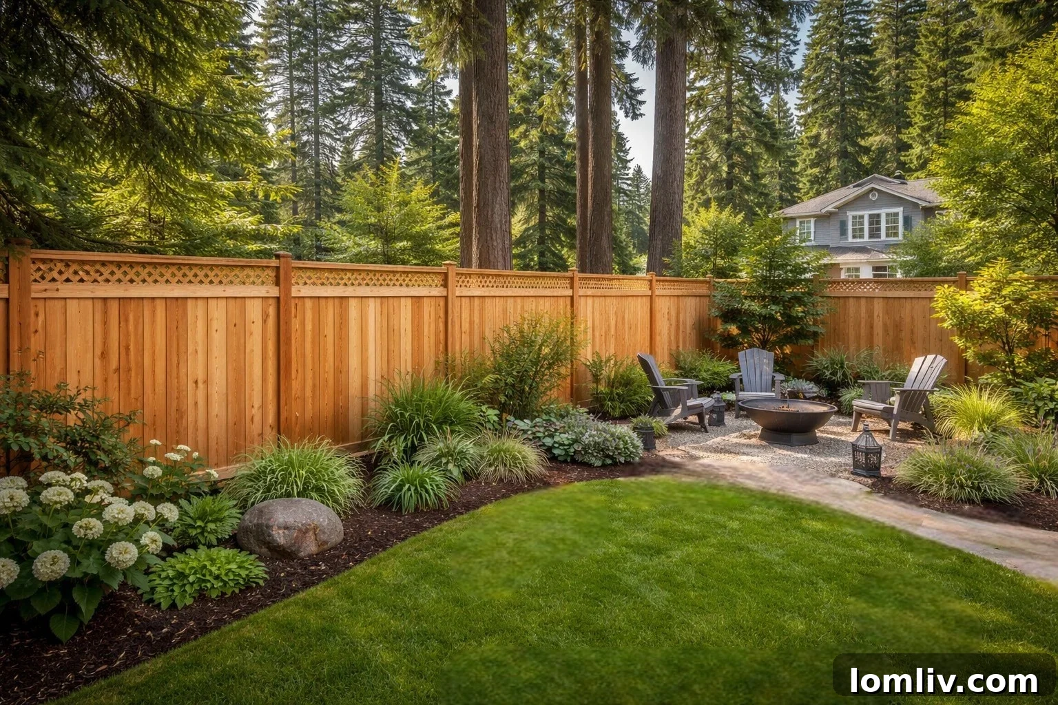 Traditional cedar wood fence in a lush Pacific Northwest backyard