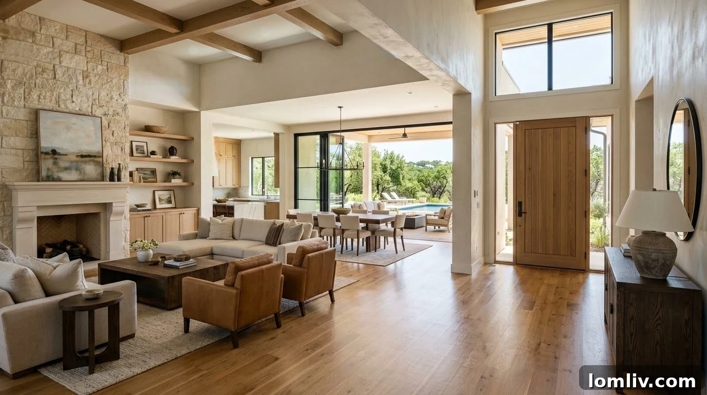 A cohesive living room with a neutral color palette and modern furniture, showcasing a whole-home design strategy.