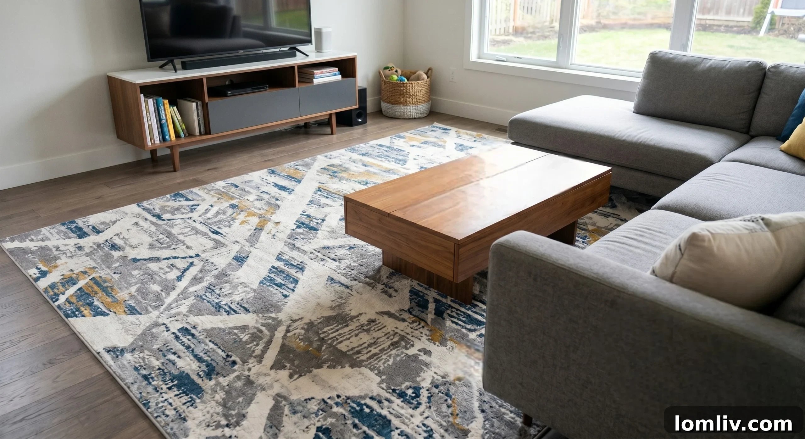 A stylish pink and white geometric washable rug in a modern living room.