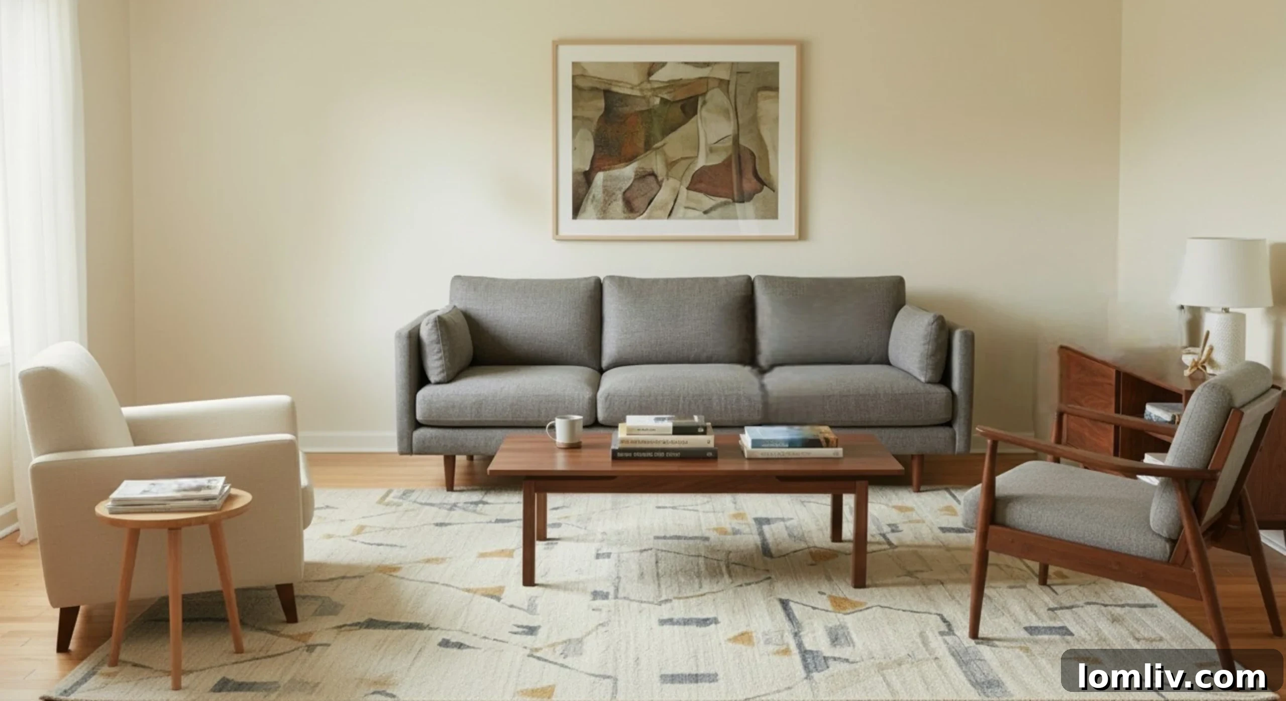 A large traditional-style area rug anchoring a neutral-toned living room furniture set.