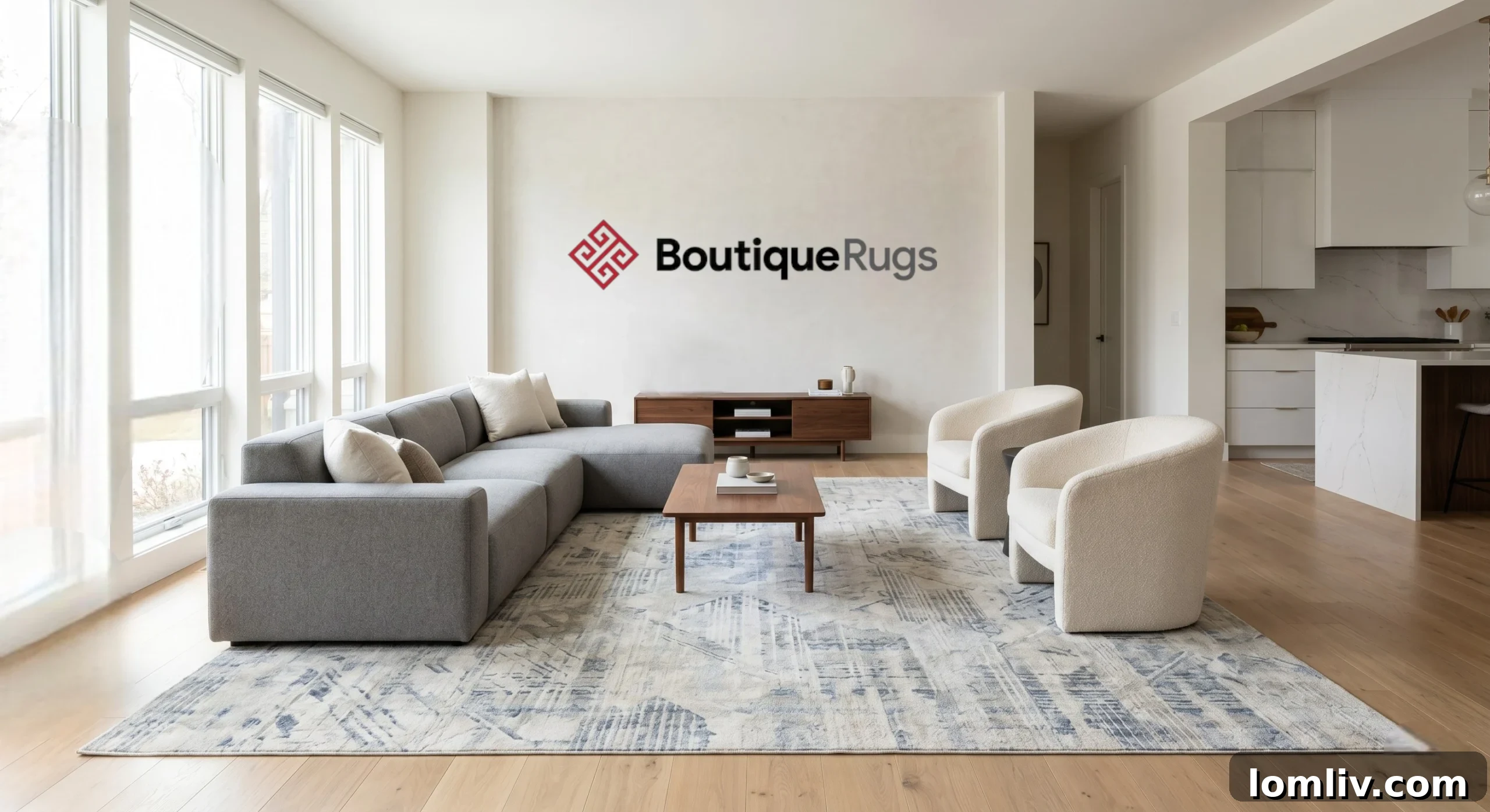 An extra-large neutral patterned rug defining the seating area in a spacious, open-concept living room.