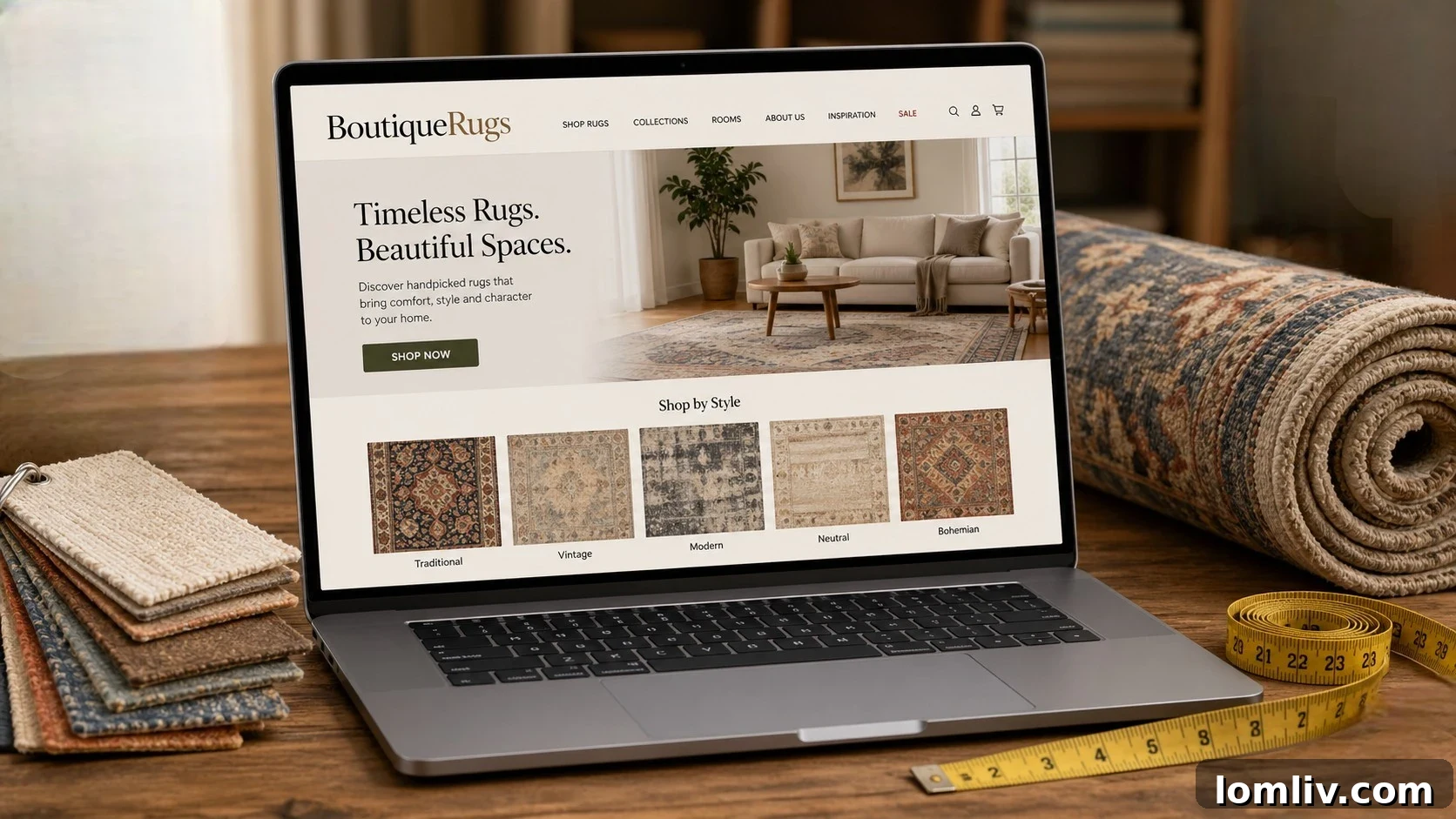 A person shopping for rugs on a laptop, showcasing the Boutique Rugs website.